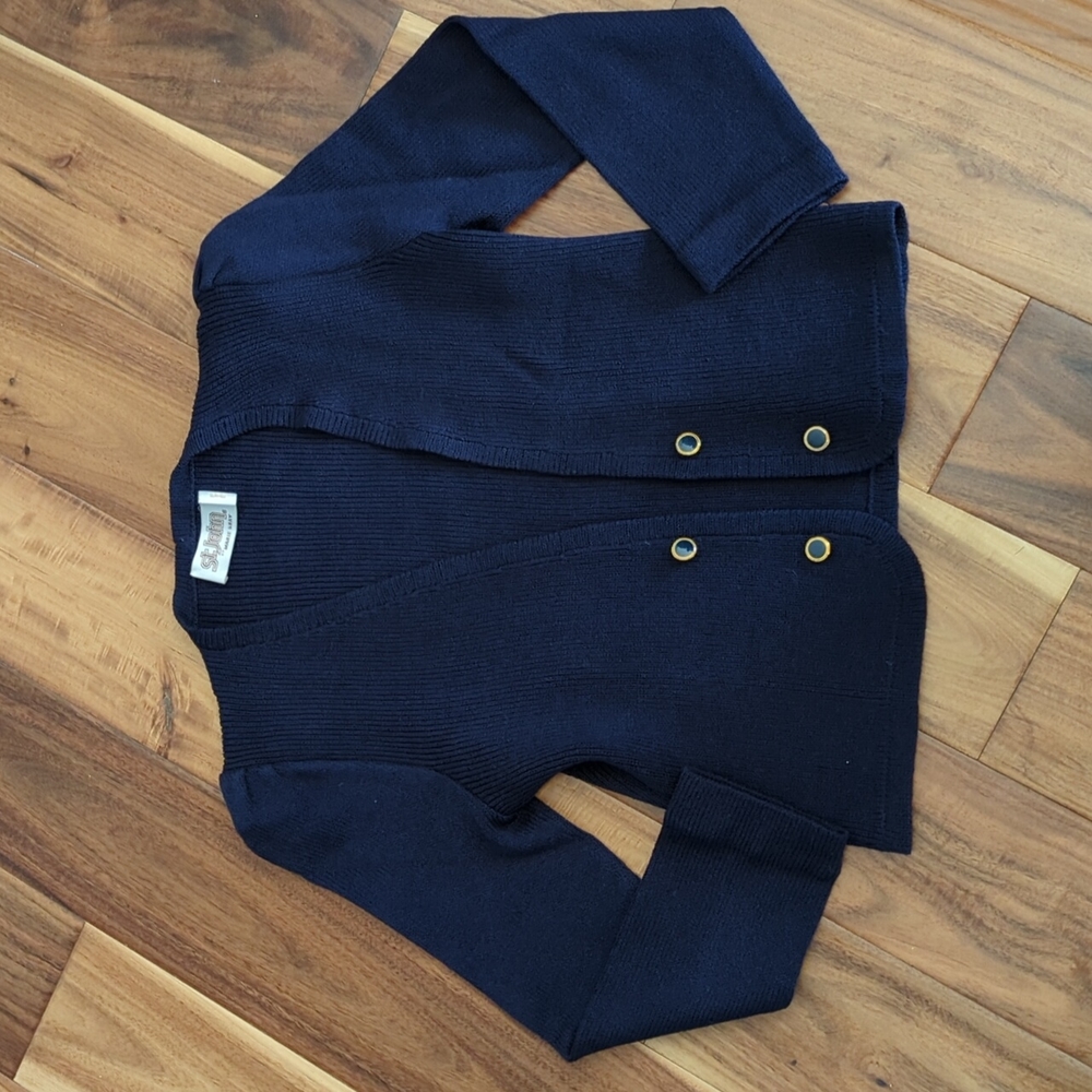Small Navy Blue Knit St. John Open Front Cardigan Light Sweater Cover Up